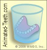 Graphic showing a denture soaking in cleaner.