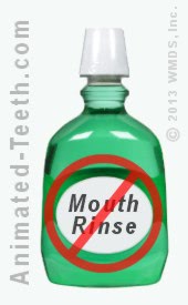 Graphic suggesting that mouthwash does not make a good denture cleaner.